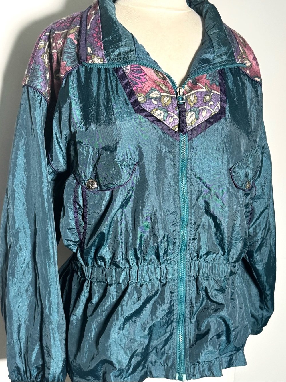 Vintage Out Brook L Teal Floral Yoke Windbreaker Jacket 80s Cozy Warm Soft